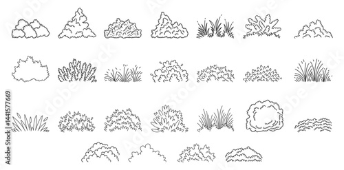 Set of grass hand drawn grass field outline scribble background. Sprout, flower, clover elements. Vector illustration.