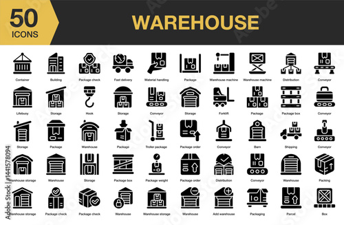 Warehouse solid icon set. Includes warehouse, industry, cargo, delivery, business, distribution, and More. Solid icons vector collection.