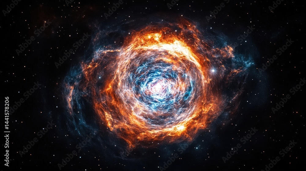 Obraz premium A stunning cosmic swirl of colors in space, showcasing bright orange, blue, and purple hues. The beauty of the universe captured in this image.
