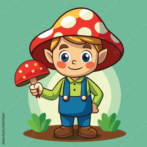 A playful elf character with a big, spotted mushroom hat and a red mushroom in hand stands confidently in a vibrant forest, radiating joy and adventure.