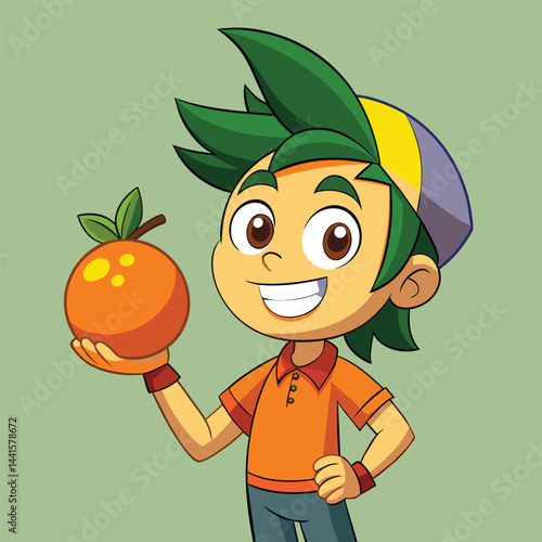 A young and playful cartoon character stands confidently, smiling brightly while holding an orange in his hand. He wears a vibrant cap and shirt, showcasing a fun personality.