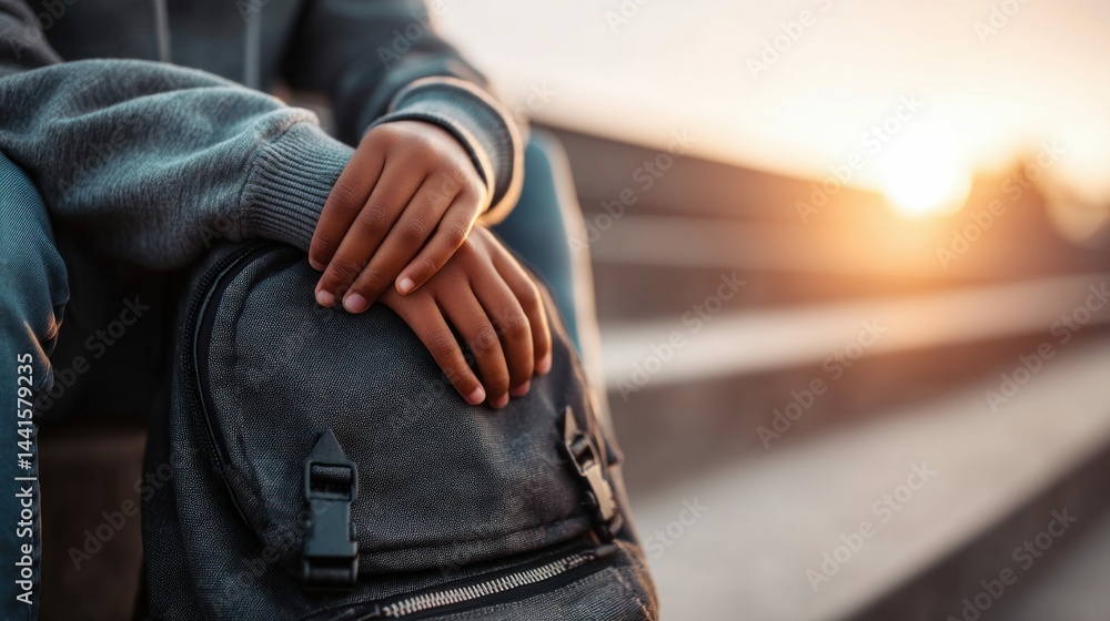 A person sits with a backpack on steps, bathed in a warm light during a sunset. A person sits with a backpack on steps, bathed in a warm light during a sunset.