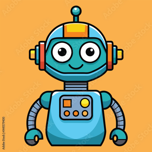 This cartoon robot has a friendly expression, featuring large eyes and a colorful design. It stands against an orange background, appealing to young audiences with its playful look.