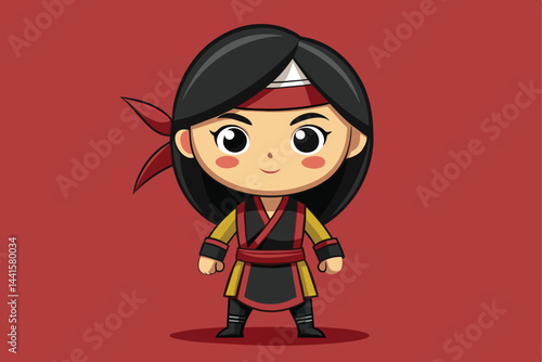This animated character features short black hair and a confident stance, wearing a vibrant warrior outfit with a red bandana, showcasing a playful yet fierce expression.