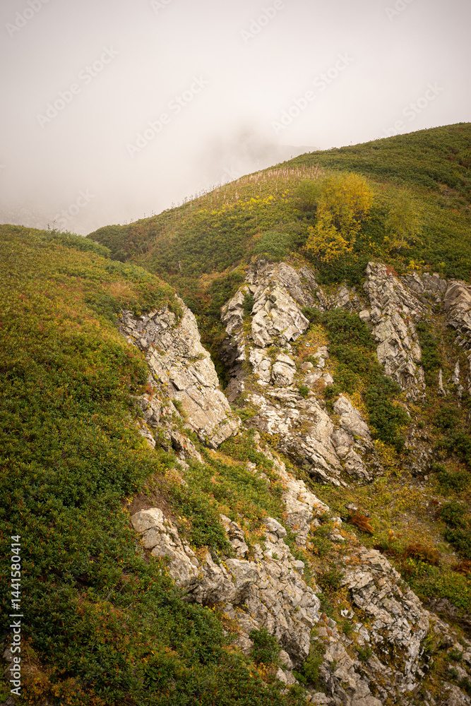 Obraz premium Mountain range with visible silhouettes through the morning colorful fog.