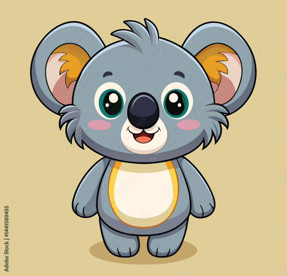 Obraz premium A charming cartoon depiction of a koala with large, expressive eyes and a cheerful smile, set against a simple beige backdrop, perfect for children's content.
