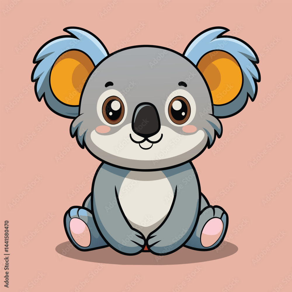 Obraz premium A whimsical cartoon koala is seated comfortably with big, expressive eyes, featuring fluffy ears and a friendly smile against a soft pink backdrop.