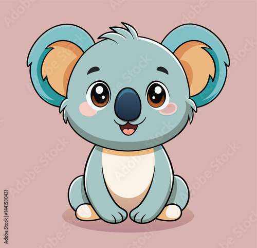 A cheerful cartoon koala sits comfortably, displaying its adorable features including big eyes, perky ears, and a friendly smile, set against a light pink backdrop.