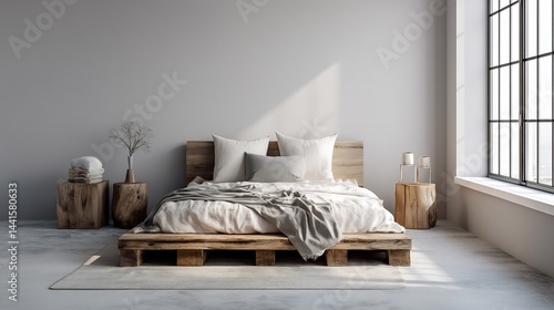 Serene bedroom interior with wooden pallet bed and minimalist decor provides relaxation