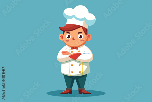 A young chef with a bright smile is standing with his arms crossed, dressed in a classic white uniform and a tall chef hat, ready to create delicious dishes.