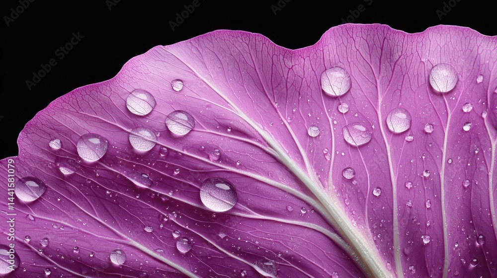Selective Focus on Water Droplets on Radicchio Leaf in Stunning Detail Against Black Background