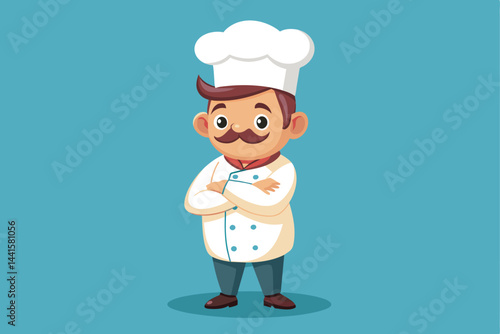 A friendly chef stands confidently with crossed arms, wearing a white coat and traditional hat against a bright blue background, embodying culinary passion.