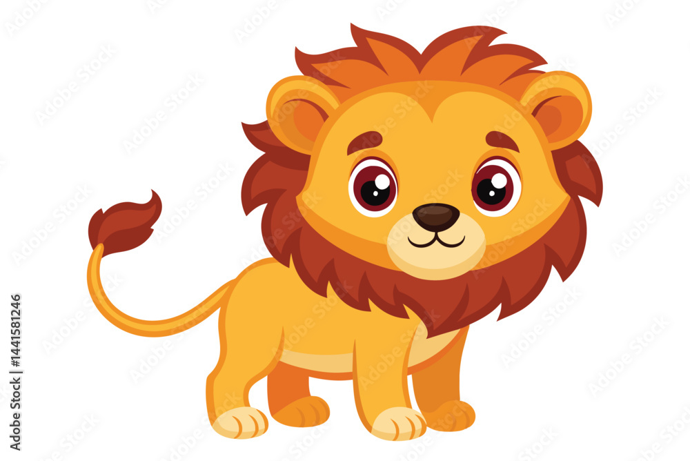 Obraz premium A cartoon lion stands happily with a bright smile, featuring vibrant colors and large expressive eyes, perfect for children's illustrations or educational materials.