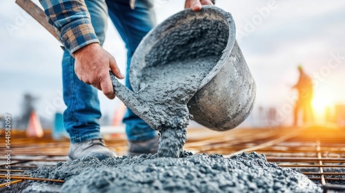 Wallpaper Mural Construction worker meticulously pours concrete from a bucket onto a rebar grid, focusing on detail. Torontodigital.ca