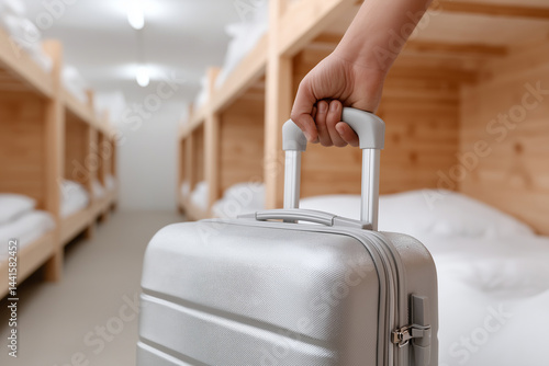 Close-up of a hand holding a suitcase in front of beds with wooden frames and white sheets. People are making their way to the dormitory after resting at a backpacker youth hostel