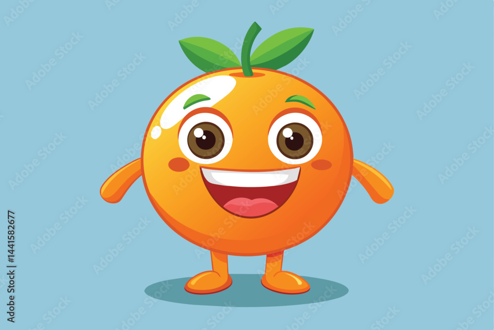 A smiling orange character stands with arms outstretched, showcasing a friendly demeanor. The cartoon features big eyes and a green leaf, appealing to a young audience. A smiling orange character stands with arms outstretched, showcasing a friendly demeanor. The cartoon features big eyes and a green leaf, appealing to a young audience.