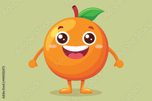 A friendly cartoon orange character with big eyes and a joyful expression strikes a playful pose. The background is a soft green, highlighting the character's vibrant color.