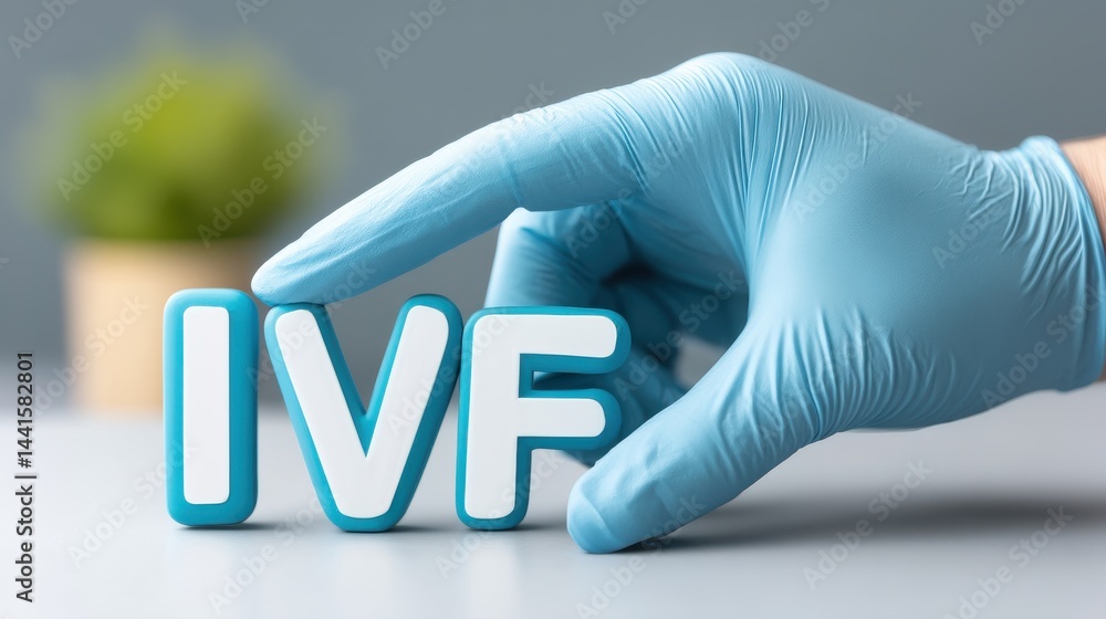The word IVF and the hand of a specialist doctor. In Vitro Fertilization concept. Medical technology that assists with pregnancy. The growth of the specialized medical business.