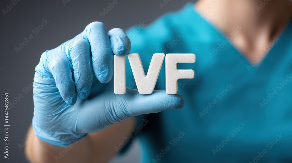 The word IVF and the hand of a specialist doctor. In Vitro Fertilization concept. Medical technology that assists with pregnancy. The growth of the specialized medical business.