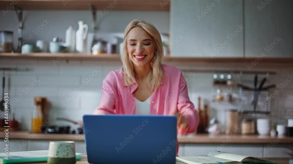 Overjoyed online student rejoicing test result at computer closeup. Happy lady Overjoyed online student rejoicing test result at computer closeup. Happy lady