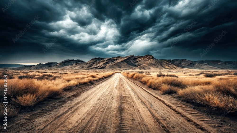 A dirt road winds through a vast, open desert landscape under a stormy, dramatic sky. A dirt road winds through a vast, open desert landscape under a stormy, dramatic sky.