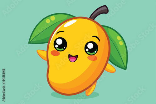 A cheerful cartoon mango character with bright green leaves and expressive eyes happily poses, showcasing its playful and friendly demeanor against a pastel green backdrop.