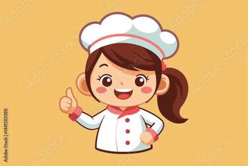 A joyful cartoon chef smiles and gives a thumbs-up, dressed in a classic white chef's outfit with a matching hat, set against a bright yellow background.