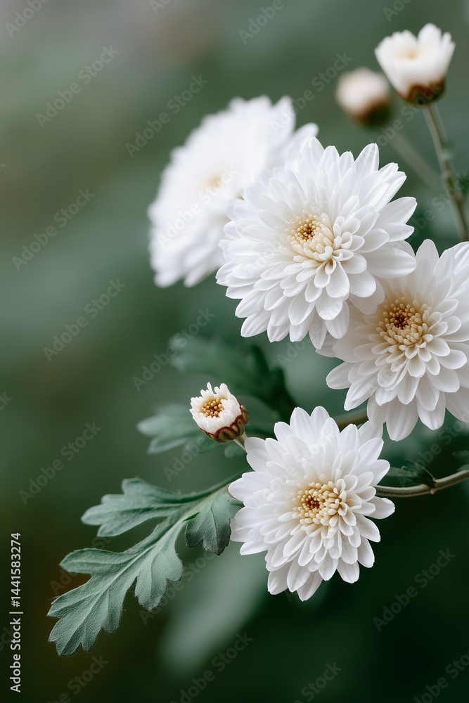 White chrysanthemums with green leaves in the garden, White chrysanthemums with green leaves in the garden,