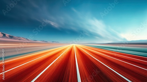 An abstract image of a road with motion blur, set against a bright blue sky.