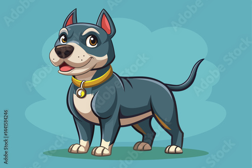 A cheerful cartoon dog stands proudly with a shiny collar, gazing up with curiosity against a vibrant blue backdrop, embodying a playful spirit.