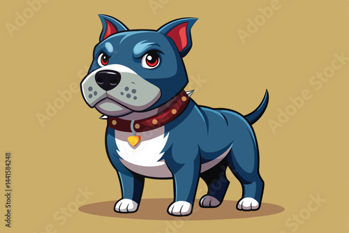 The blue pit bull, with striking eyes and a spiked collar, displays an assertive stance against a smooth beige backdrop, showcasing its playful yet tough character.