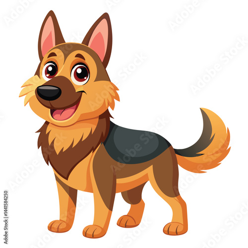 A fun cartoon German Shepherd puppy stands happily with a joyful expression, showcasing bright eyes and a wagging tail in a colorful environment.