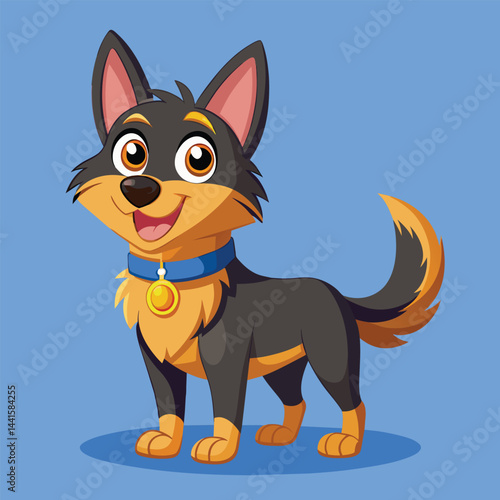 A playful cartoon dog stands happily with a vibrant blue background, showcasing its shiny collar and sunny disposition, perfect for children's content or pet-themed designs.