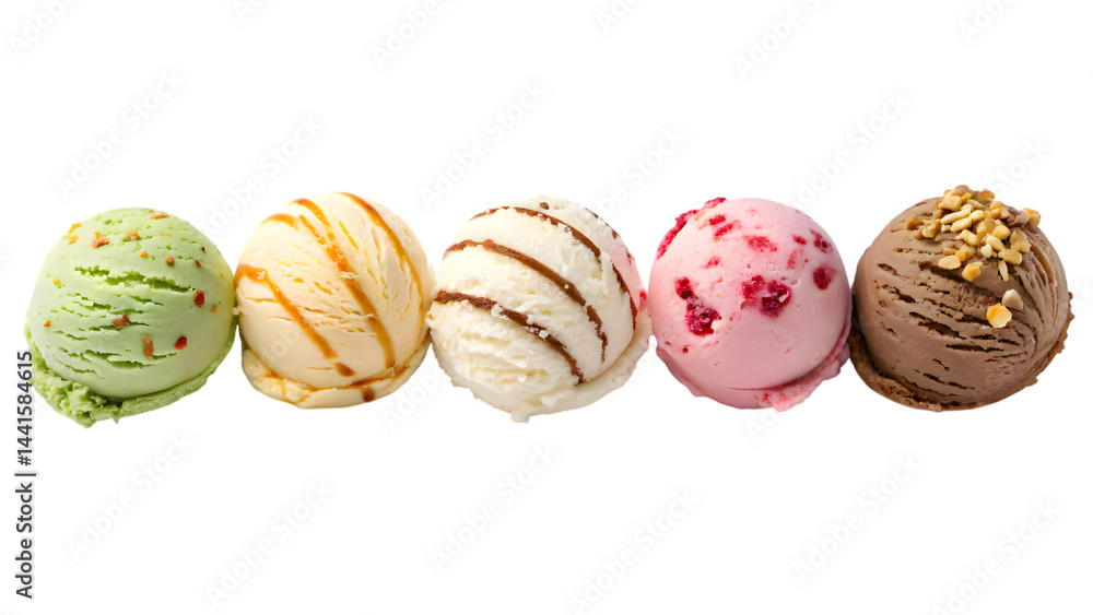 Fototapeta premium Colorful ice cream scoops flavors dessert frozen treat sweet summer food photography delicious assorted creamy