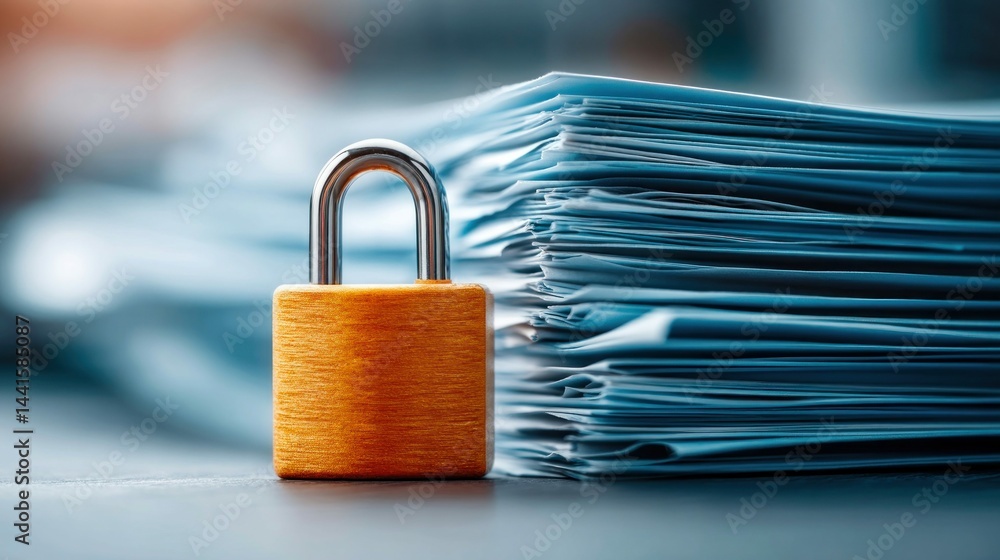 Naklejka premium A padlock rests in front of a stack of documents, symbolizing data security and protection.