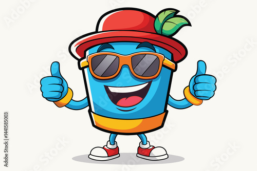 A vibrant blue pot character smiles widely while wearing sunglasses and a red hat, enthusiastically giving a thumbs up. This cheerful figure embodies a playful and summer spirit.