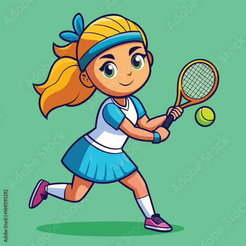A cheerful girl is actively engaged in a game of tennis, swinging her racket to hit a yellow tennis ball while wearing a blue and white sports outfit.