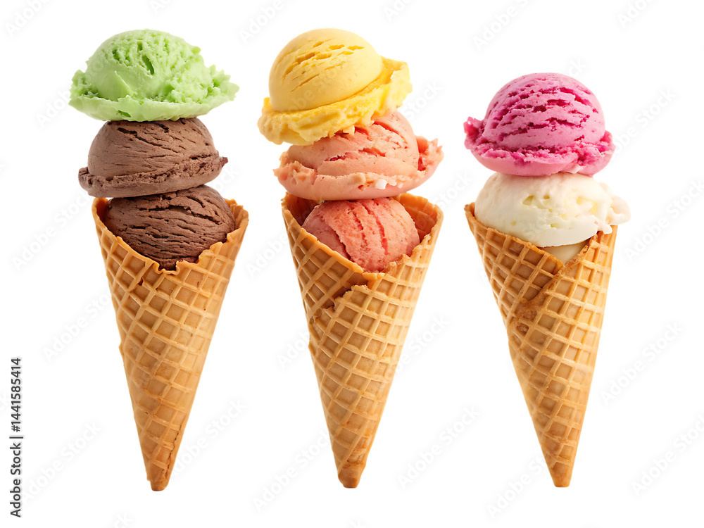 Trio of delicious ice cream cones featuring various flavors on black background Trio of delicious ice cream cones featuring various flavors on black background
