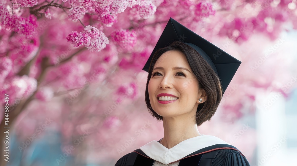 Smiling Graduate Standing Under Beautiful Blooming Tree in Vibrant Spring Daylight with Joyful Expression