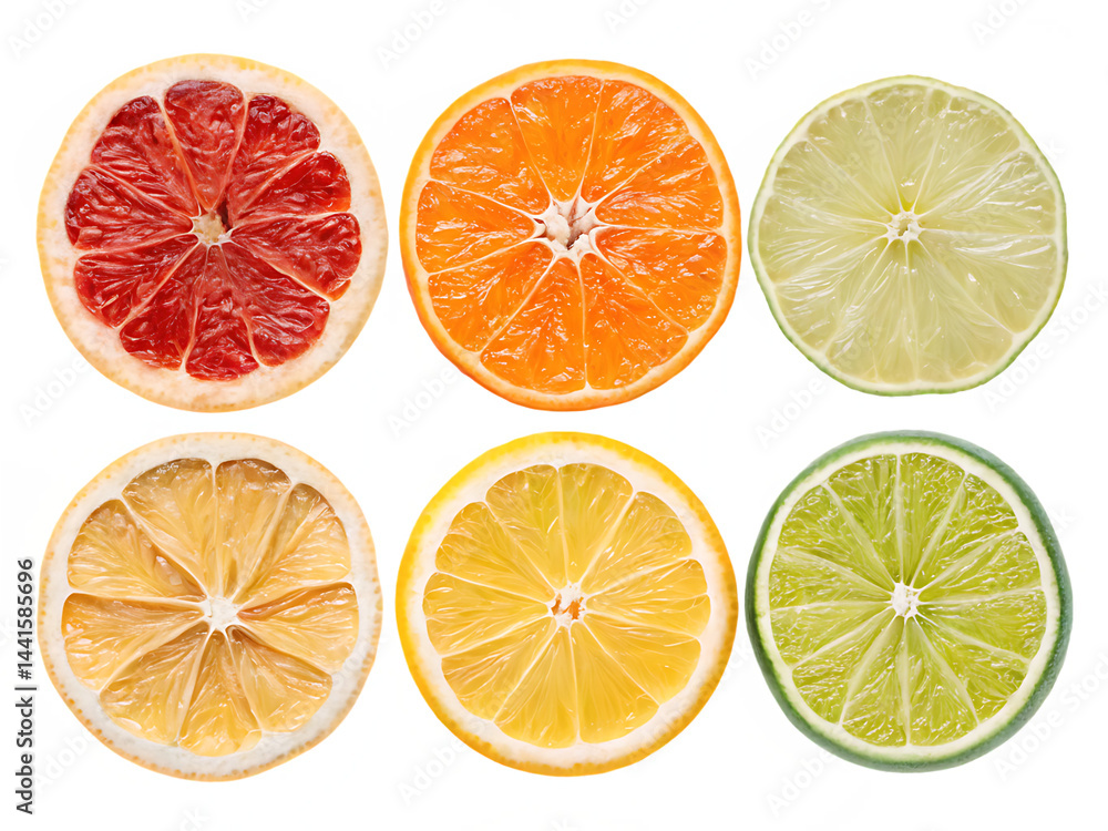Fototapeta premium Assorted fresh citrus fruit halves featuring grapefruit orange lemon and lime