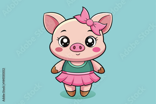 A cheerful cartoon pig stands upright, wearing a vibrant green top and a pink skirt, complete with a matching bow in her hair, against a light blue backdrop.
