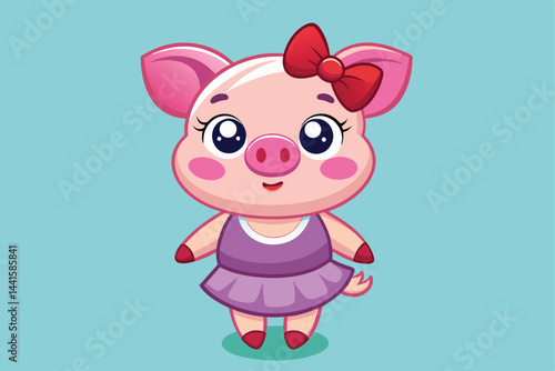 A cheerful cartoon pig character stands with a smile, dressed in a purple skirt and red accessories, capturing a playful and whimsical mood.