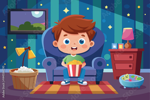 A young boy sits happily in a comfortable chair, munching on popcorn in a cozy living room. The ambiance is warm, with soft lighting and captivating decor around him.