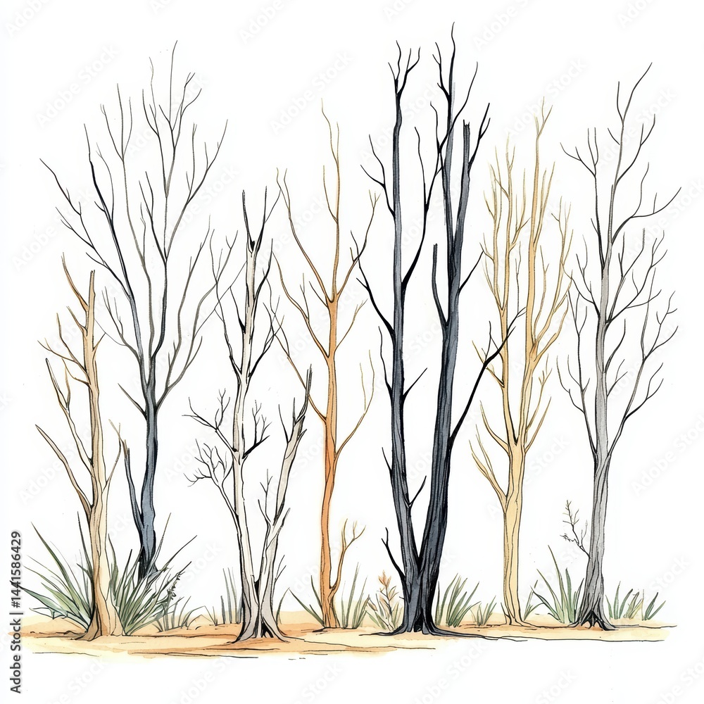 Fototapeta premium A group of leafless trees with thin branches and sparse grass drawn in a minimalist, hand-drawn style.