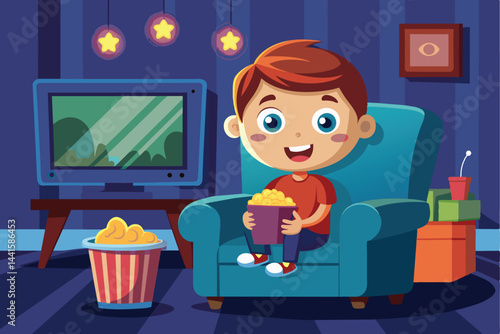 A young boy smiles as he holds a container of popcorn, seated comfortably in a blue armchair, with a television glowing softly in the background.