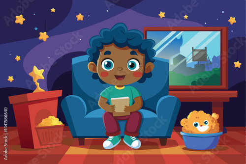 In a vibrant and cozy living room, a young boy happily reads on a blue couch surrounded by playful stars and a friendly pet nearby, creating a cheerful atmosphere.