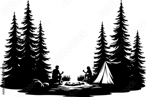 Mountain Camping Adventure Line Art Illustration