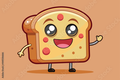 A joyful cartoon slice of bread with arms and a smiling face waves happily, set against a warm, inviting background filled with bright colors.