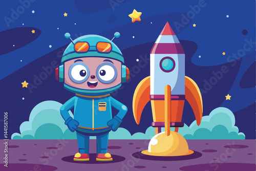 A cute cartoon character in a blue space suit smiles next to a vibrant rocket, surrounded by fluffy clouds and twinkling stars in a magical cosmic landscape.