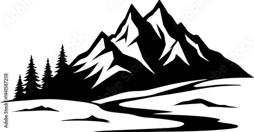 Minimalist Mountain Landscape with Pine Trees Silhouette